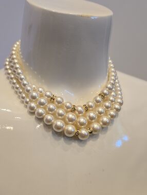 Classic Pearl 3 Multi-Strand Necklace Pearls Gold Accents Designer Rhinestones